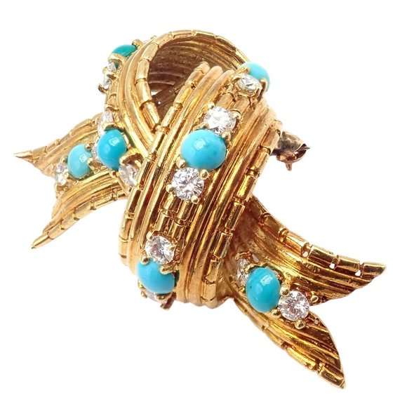 Vintage Tiffany & Co. 18k Yellow Gold Diamond Turquoise Bamboo Bow Pin Brooch - Picture 11 of 11